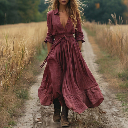 Retro Long Sleeve Bohemian Long Cotton Linen Dress by Ragazza