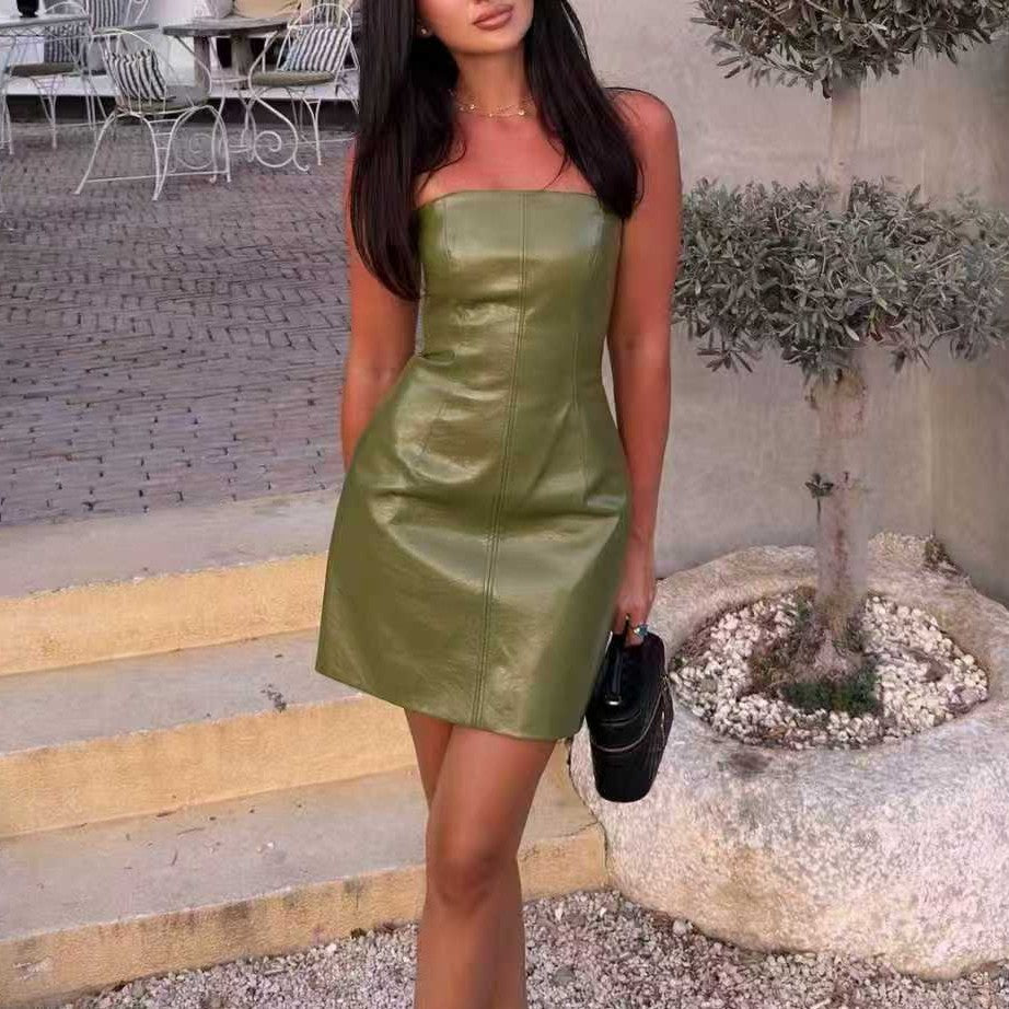 Women Clothing Fall Retro Street Sleeve Leather Dress by Ragazza