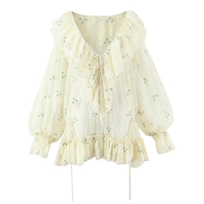 Sweet Embroidery Chic Bubble Long Sleeve Short Dress French V neck Vacation by Ragazza