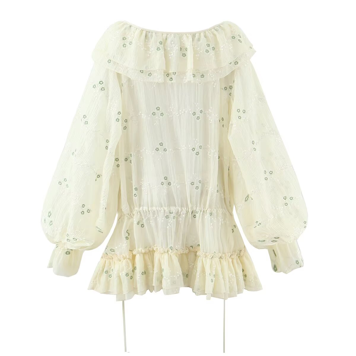 Sweet Embroidery Chic Bubble Long Sleeve Short Dress French V neck Vacation by Ragazza