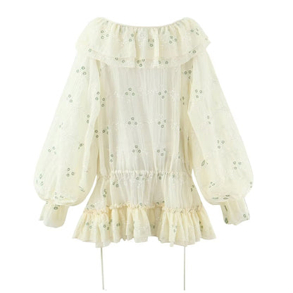 Sweet Embroidery Chic Bubble Long Sleeve Short Dress French V neck Vacation by Ragazza