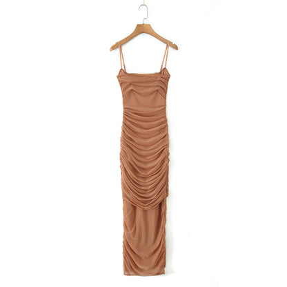 Sexy Stretch Mesh Ruched Maxi Dress Dress Tight Waist Slim Fit Sheath Cami Dress by Ragazza