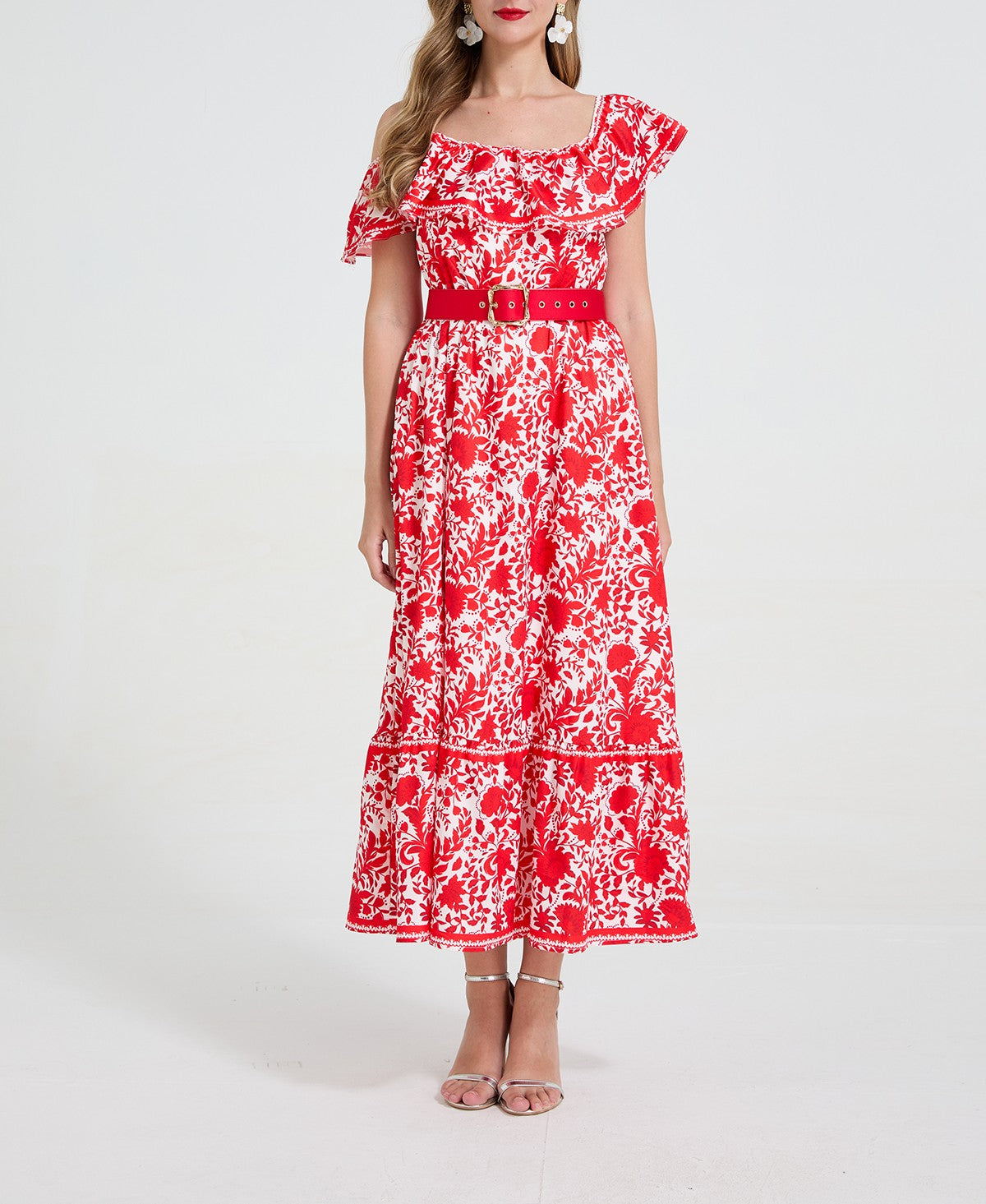 Women Asymmetrical Design Off The Shoulder Spaghetti Strap Ruffled Waist Cinching Figure-Flattering Long Dress With A Wide Flared Hem by Ragazza