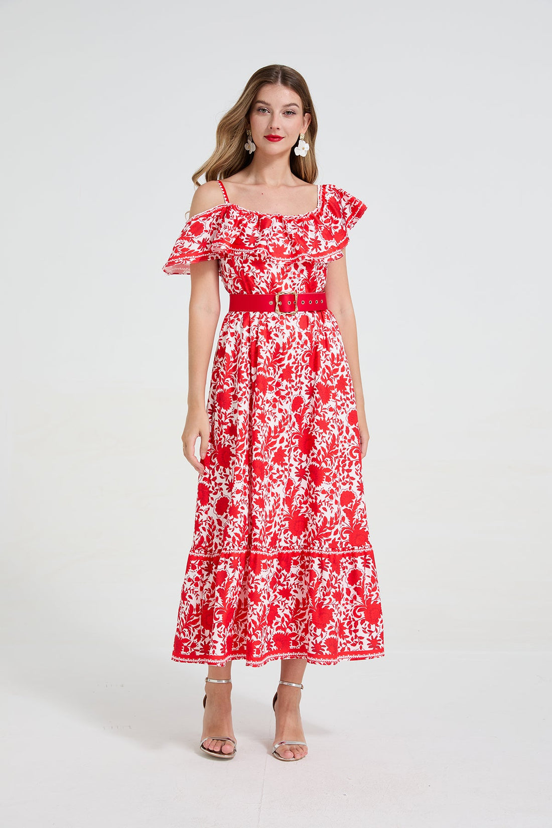 Women Asymmetrical Design Off The Shoulder Spaghetti Strap Ruffled Waist Cinching Figure-Flattering Long Dress With A Wide Flared Hem by Ragazza