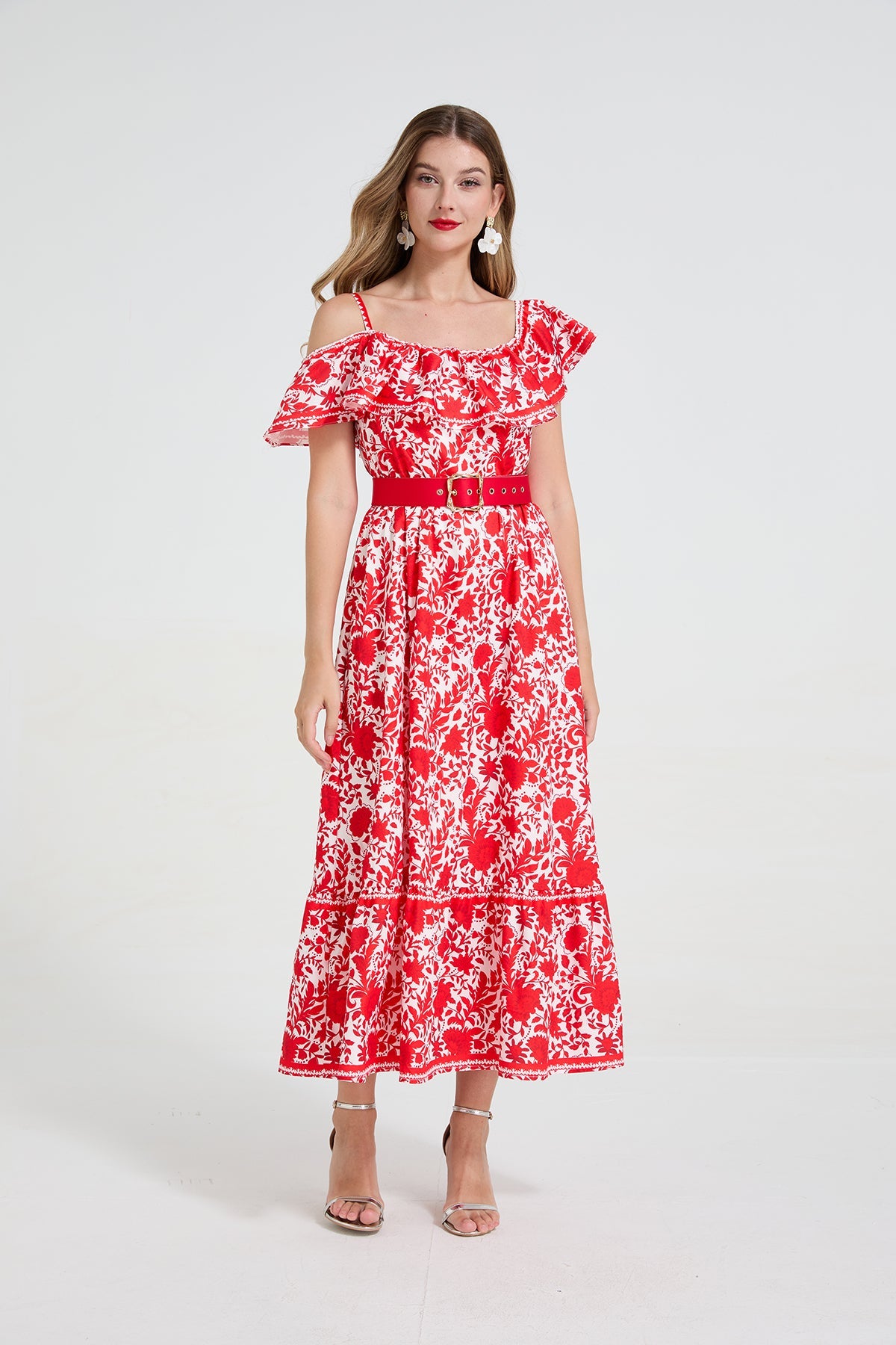 Women Asymmetrical Design Off The Shoulder Spaghetti Strap Ruffled Waist Cinching Figure-Flattering Long Dress With A Wide Flared Hem by Ragazza