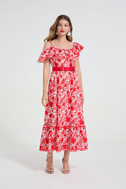 Women Asymmetrical Design Off The Shoulder Spaghetti Strap Ruffled Waist Cinching Figure-Flattering Long Dress With A Wide Flared Hem by Ragazza