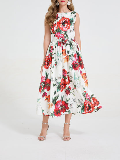 Women Romantic Floral Print Sleeveless Dress High Waisted Bow Tie Belt Cinched Waist Flared Dress by Ragazza