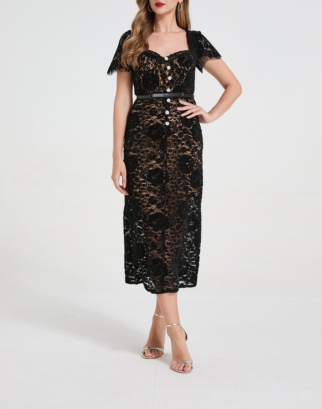 Women Lace Square Neck Rhinestone Bow Dress With 3d Padded Bust And Mermaid Silhouette by Ragazza
