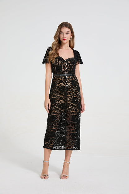 Women Lace Square Neck Rhinestone Bow Dress With 3d Padded Bust And Mermaid Silhouette by Ragazza