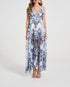 Women Blue And White Porcelain Print Sexy Deep V Strapless Pleated Floor Length Revealing Dress With A Wide Dress by Ragazza
