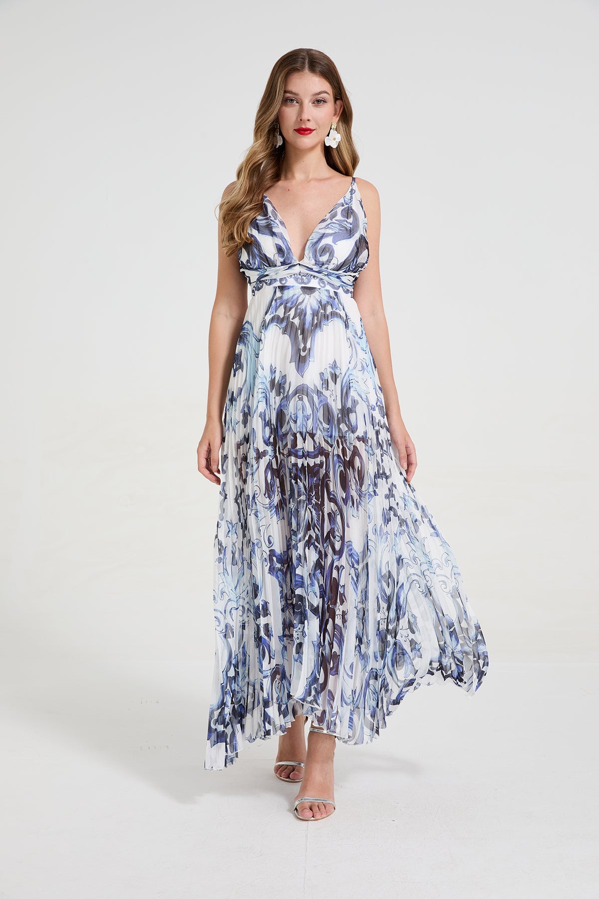 Women Blue And White Porcelain Print Sexy Deep V Strapless Pleated Floor Length Revealing Dress With A Wide Dress by Ragazza