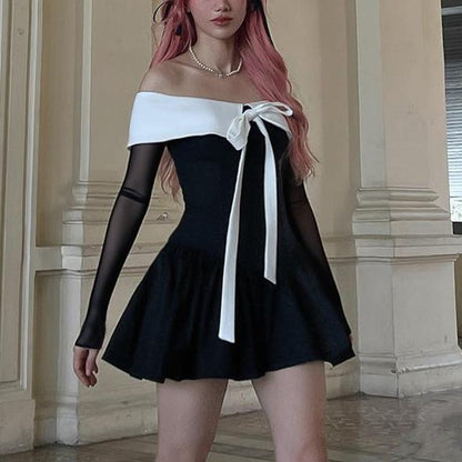 Autumn College Cute Bow Dress Sweet Spicy Doll Collar Contrast Color by Ragazza