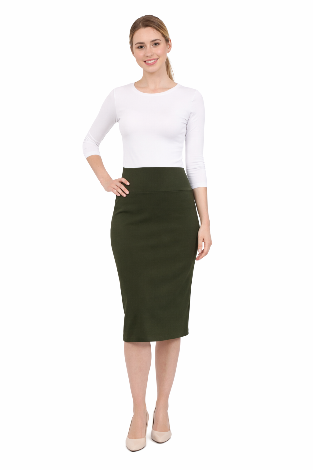 Modest Stretch Knee Length Pencil Skirt in Cotton Spandex by Kosher Casual USA