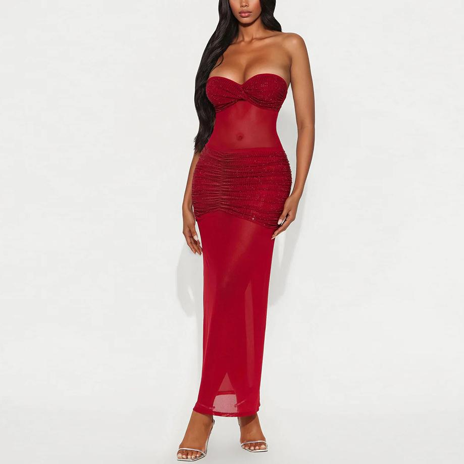 Tube Top Milk Silk Stitching Mesh Drilling Party Hip Wrapped Long Dress by Ragazza