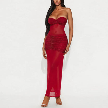 Tube Top Milk Silk Stitching Mesh Drilling Party Hip Wrapped Long Dress by Ragazza