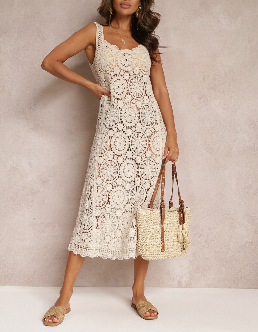 Women Check Patterned Hand Woven Open Length Strapless Dress by Ragazza