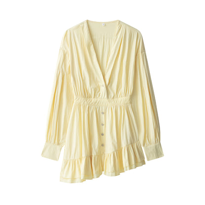 Women Clothing at Quality Collared Button Long Sleeve Lotus Leaf Dress by Ragazza