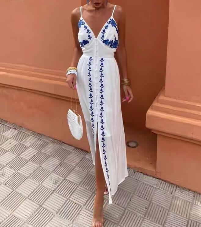 Autumn Embroidery Heavy Industry Sweet Fresh Robe Vacation Beach Vest Maxi Dress by Ragazza