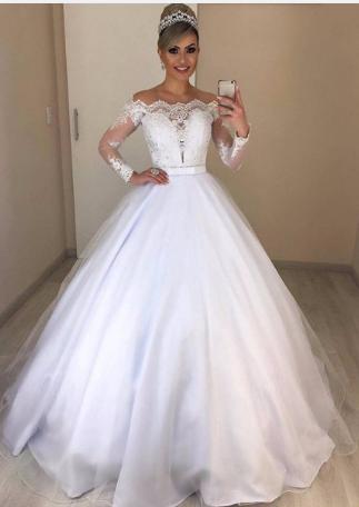 Off Shoulder V neck Slim Fit Puffy Trailing Wedding Dress Lace Dress by Ragazza