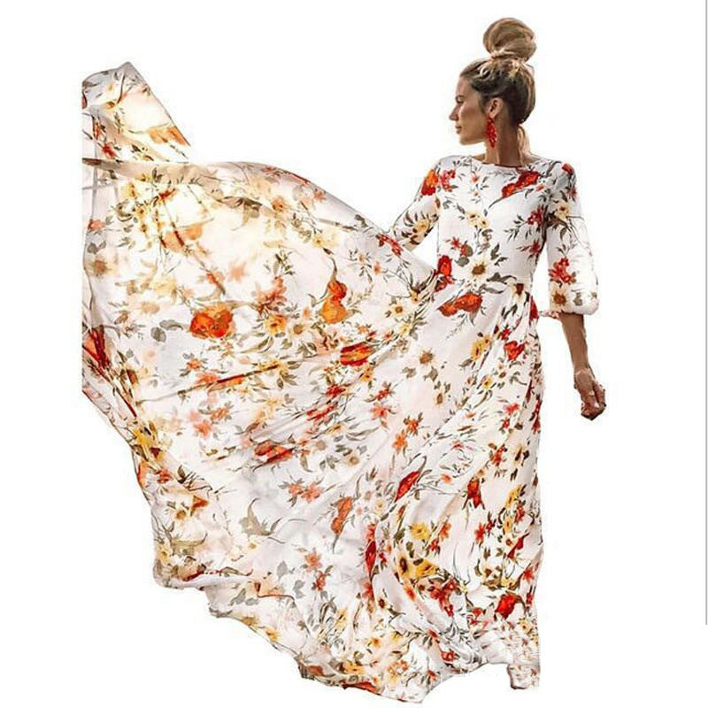 Spring Autumn Dress Printed Large Swing Elegant Chiffon Floral Slim Fitting Dress by Ragazza