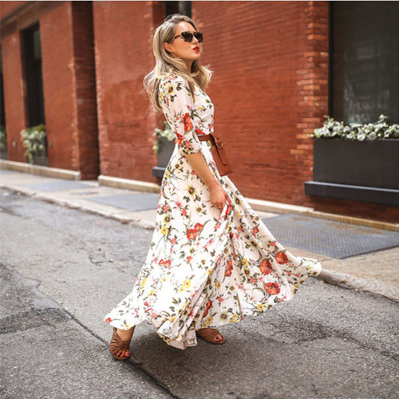 Spring Autumn Dress Printed Large Swing Elegant Chiffon Floral Slim Fitting Dress by Ragazza
