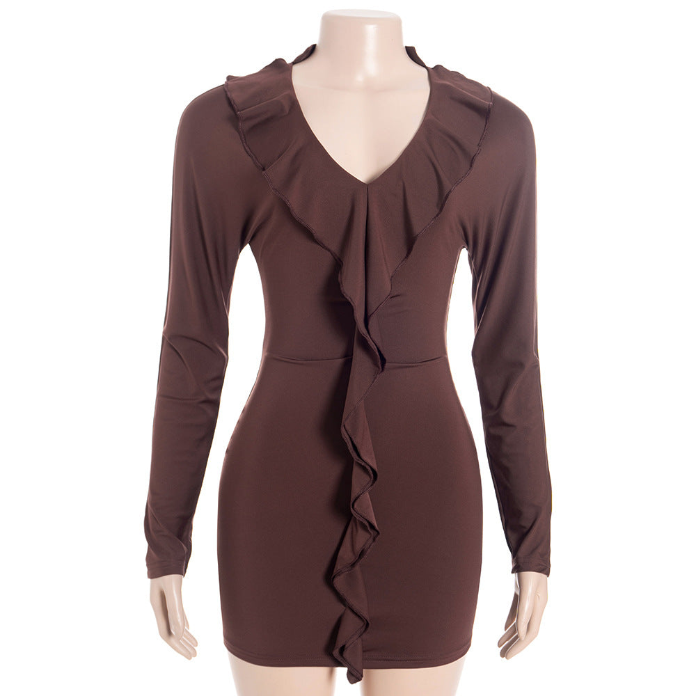V neck Long Sleeved Solid Color Slim Fit Ruffled Design High Waist Short Hip Hugger Dress by Ragazza
