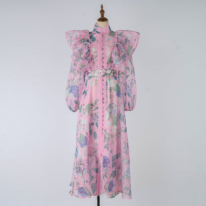 Women Spring Autumn Printed Belt Stand Up Collar Long Sleeved Dress by Ragazza