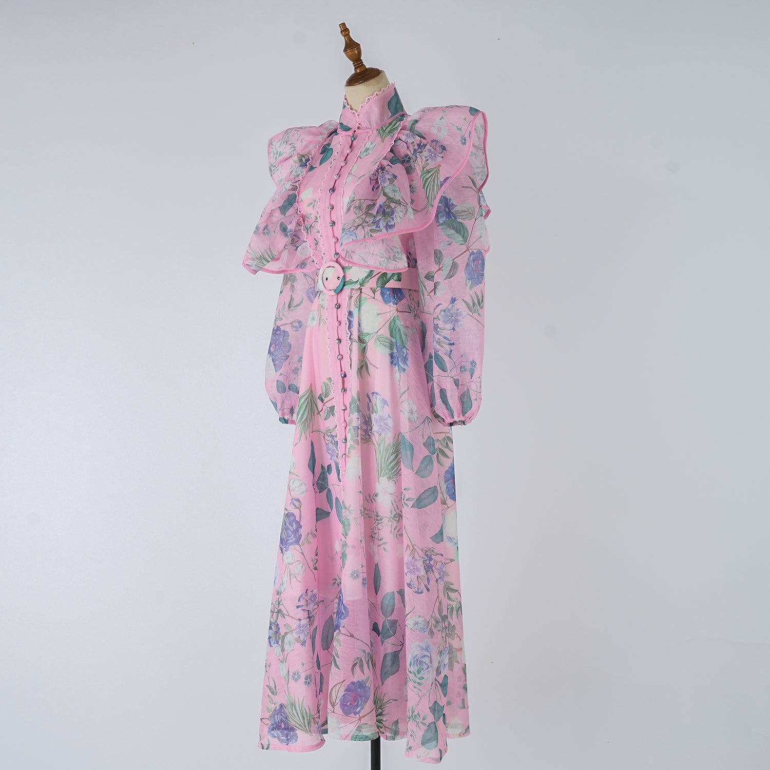 Women Spring Autumn Printed Belt Stand Up Collar Long Sleeved Dress by Ragazza