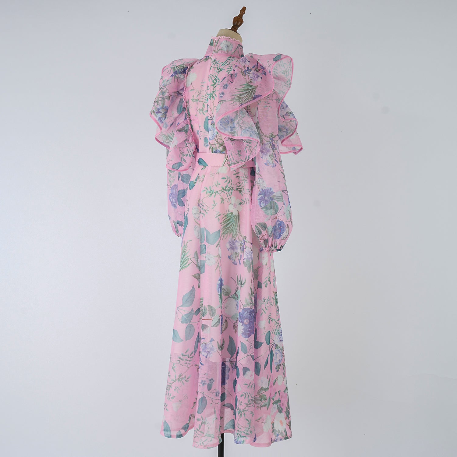 Women Spring Autumn Printed Belt Stand Up Collar Long Sleeved Dress by Ragazza