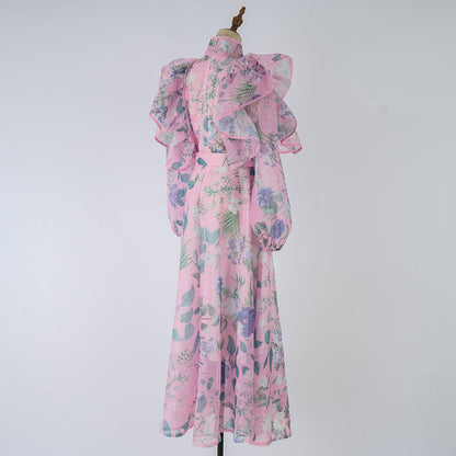Women Spring Autumn Printed Belt Stand Up Collar Long Sleeved Dress by Ragazza