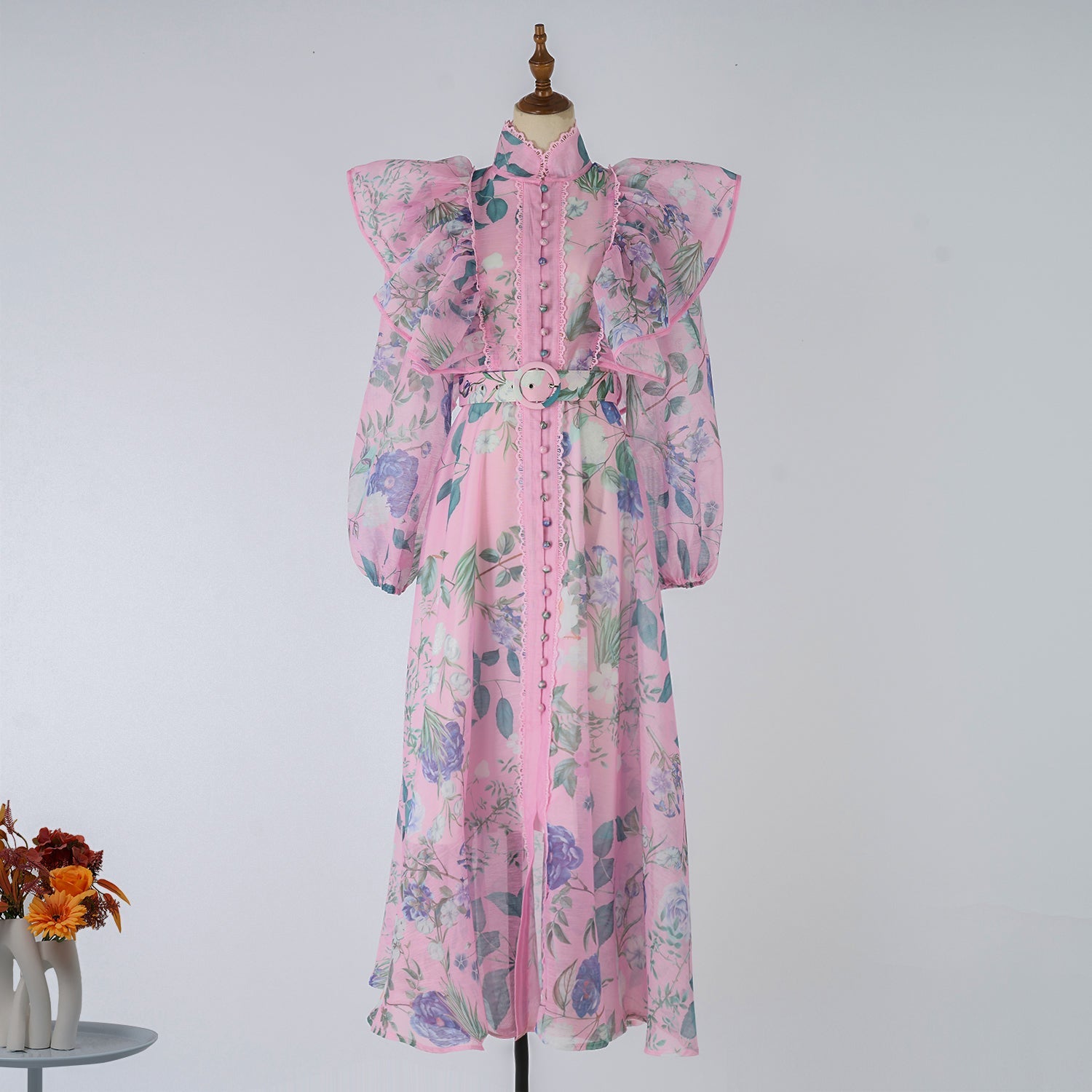 Women Spring Autumn Printed Belt Stand Up Collar Long Sleeved Dress by Ragazza