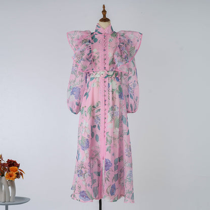 Women Spring Autumn Printed Belt Stand Up Collar Long Sleeved Dress by Ragazza