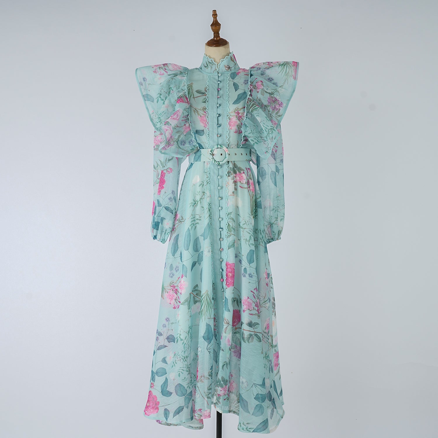 Women Spring Autumn Printed Belt Stand Up Collar Long Sleeved Dress by Ragazza
