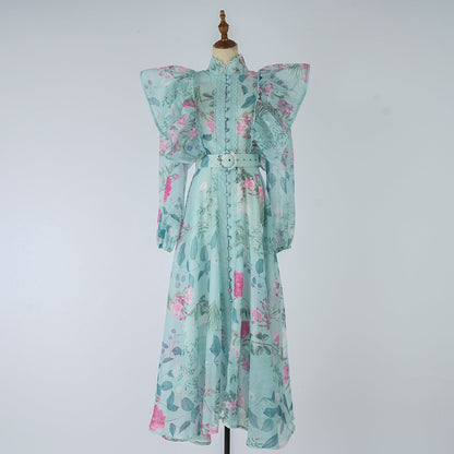 Women Spring Autumn Printed Belt Stand Up Collar Long Sleeved Dress by Ragazza