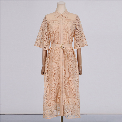 Retro Casual Elegant Dress Autumn Polo Collar Lace Hollow Out Cutout High Waist Bell Sleeve Maxi Dress Women by Ragazza