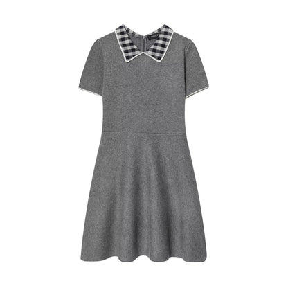 Autumn Tight Waist Slim Fit Plaid Neckline Stitching Dress A line Knitted Short Skirt Women by Ragazza