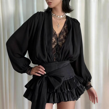 Autumn French Pure Lace Splicing Sexy V neck Long Sleeve Dress by Ragazza