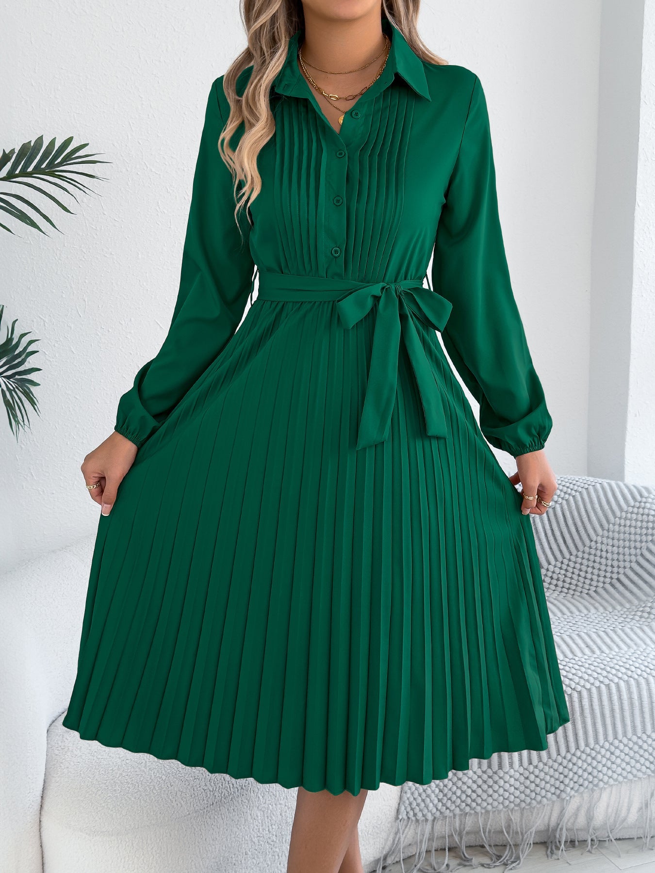 Spring Summer Elegant Solid Color Collared Long Sleeve Cinched Pleated Dress Women Clothing by Ragazza