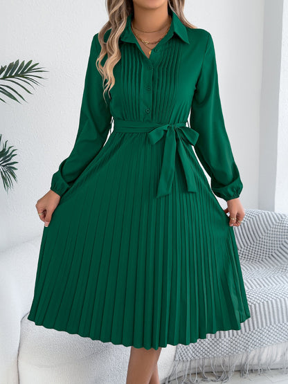 Spring Summer Elegant Solid Color Collared Long Sleeve Cinched Pleated Dress Women Clothing by Ragazza