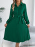 Spring Summer Elegant Solid Color Collared Long Sleeve Cinched Pleated Dress Women Clothing by Ragazza