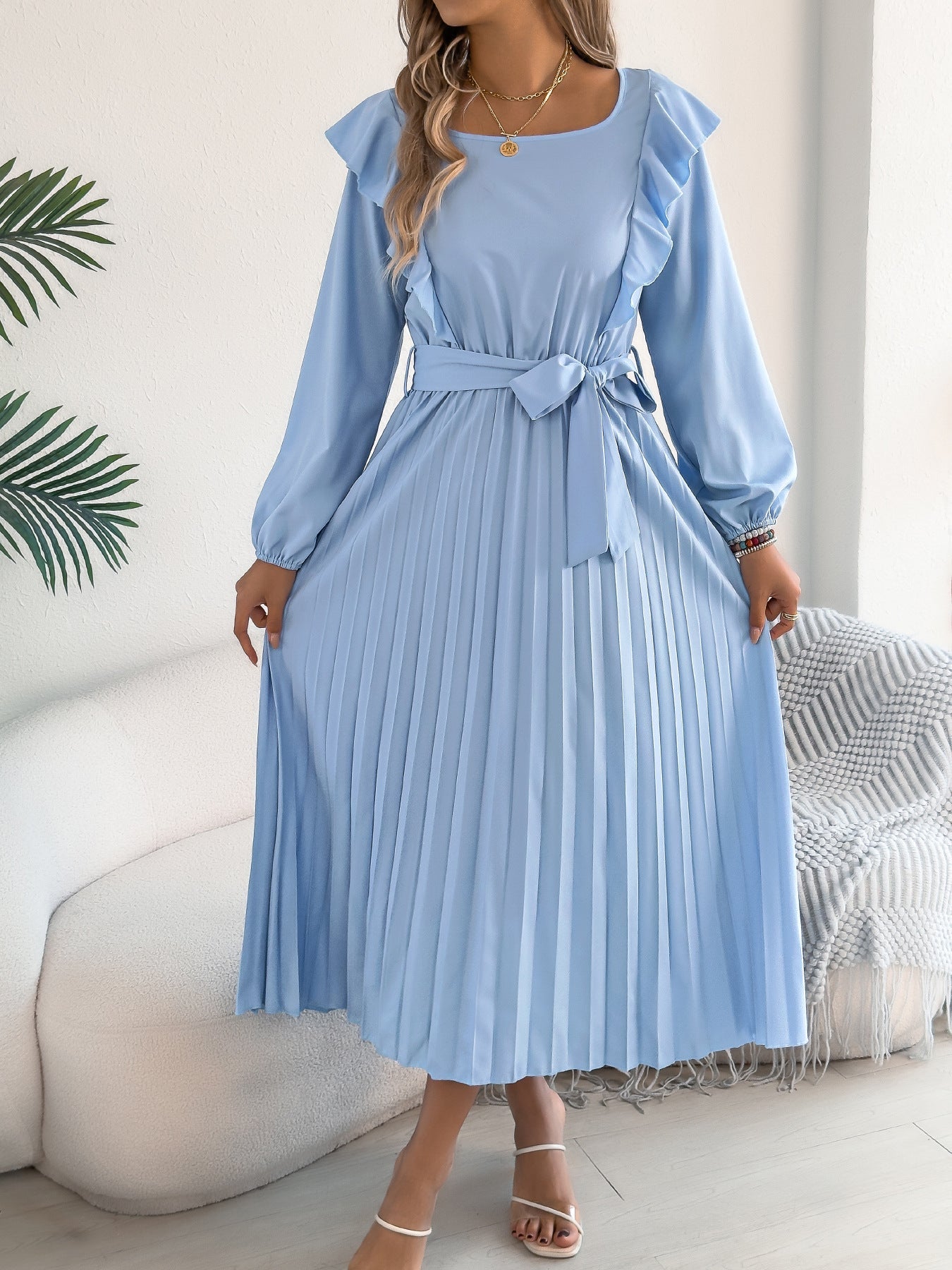 Women Clothing Spring Summer Elegant Ruffled Square Collar Long Sleeve Cinched Pleated Dress by Ragazza
