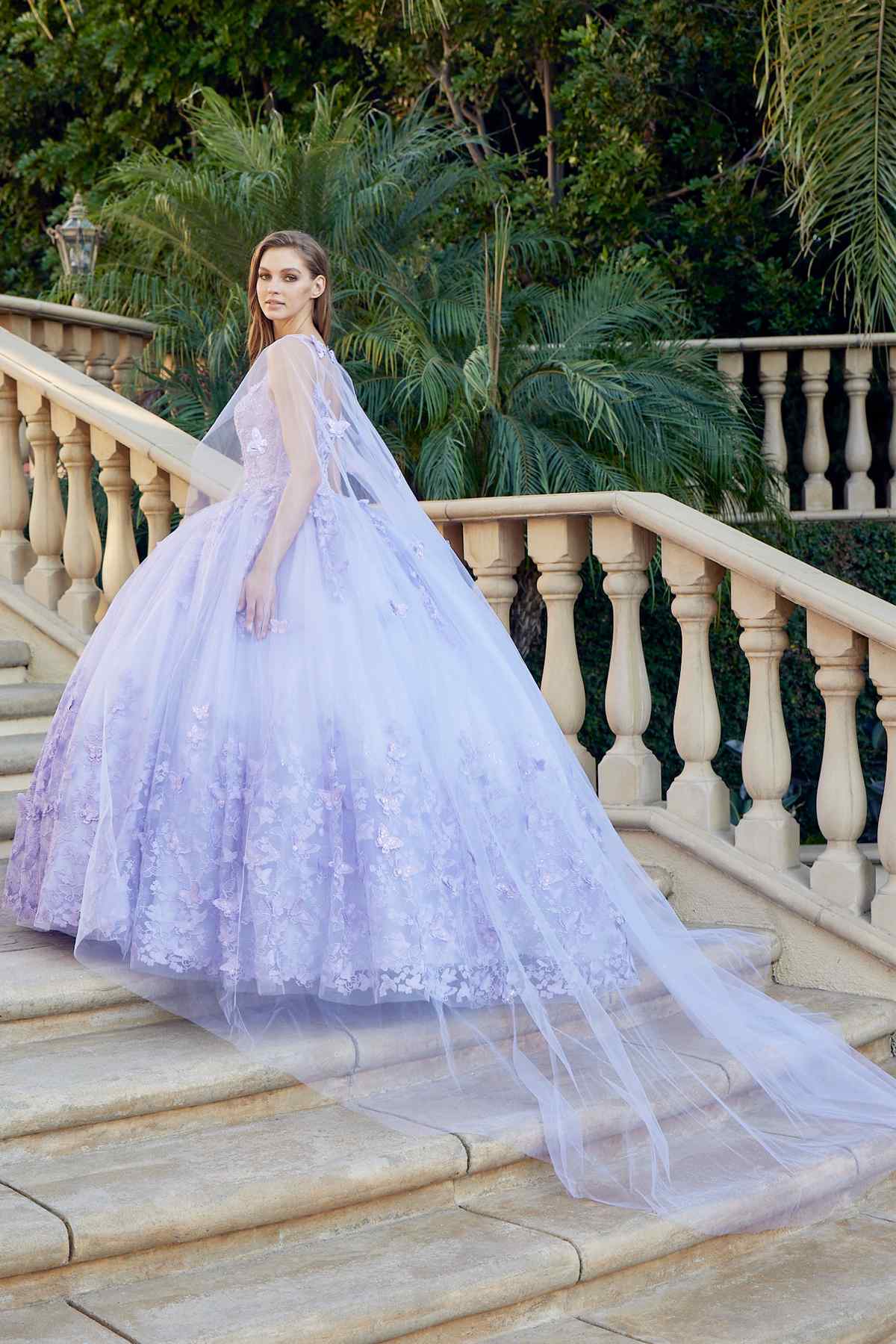 Juliet 1442 Long 3D Butterfly Appliques Strapless Bodice Cape Quinceanera Dress by DiscountDressShop
