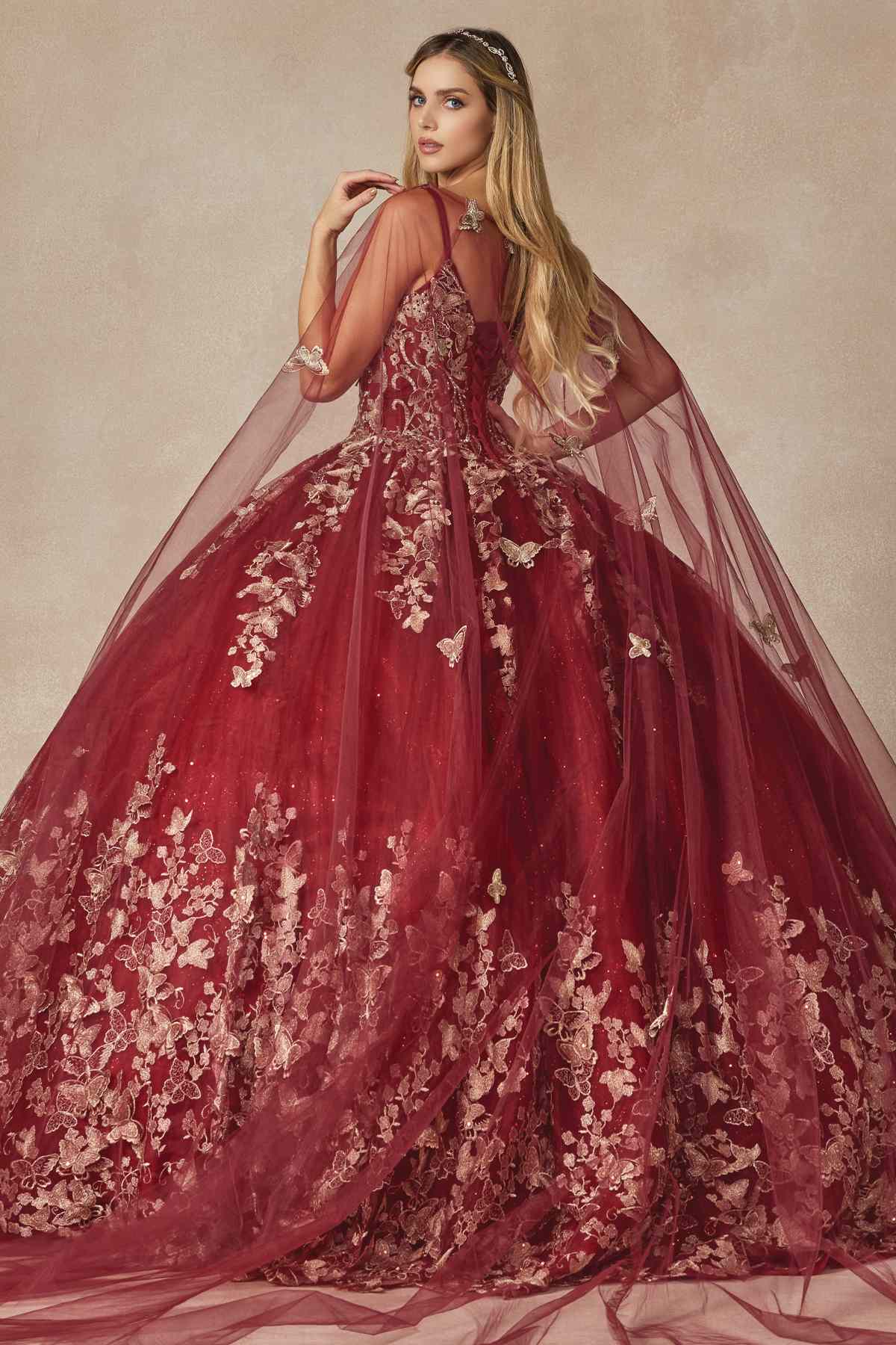 Juliet 1442 Long 3D Butterfly Appliques Strapless Bodice Cape Quinceanera Dress by DiscountDressShop