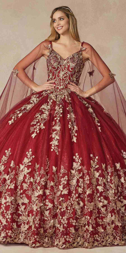 Juliet 1442 Long 3D Butterfly Appliques Strapless Bodice Cape Quinceanera Dress by DiscountDressShop