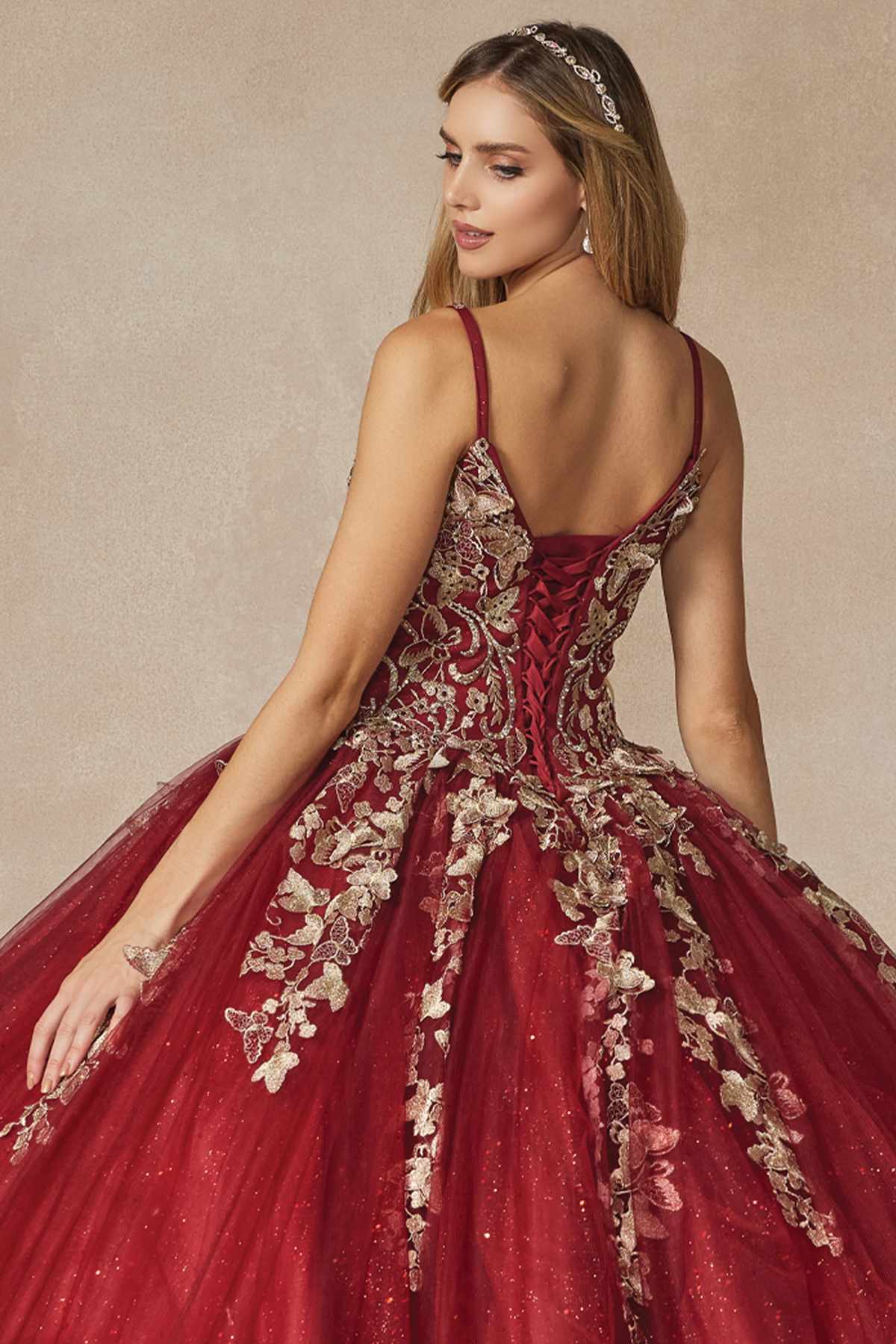 Juliet 1442 Long 3D Butterfly Appliques Strapless Bodice Cape Quinceanera Dress by DiscountDressShop