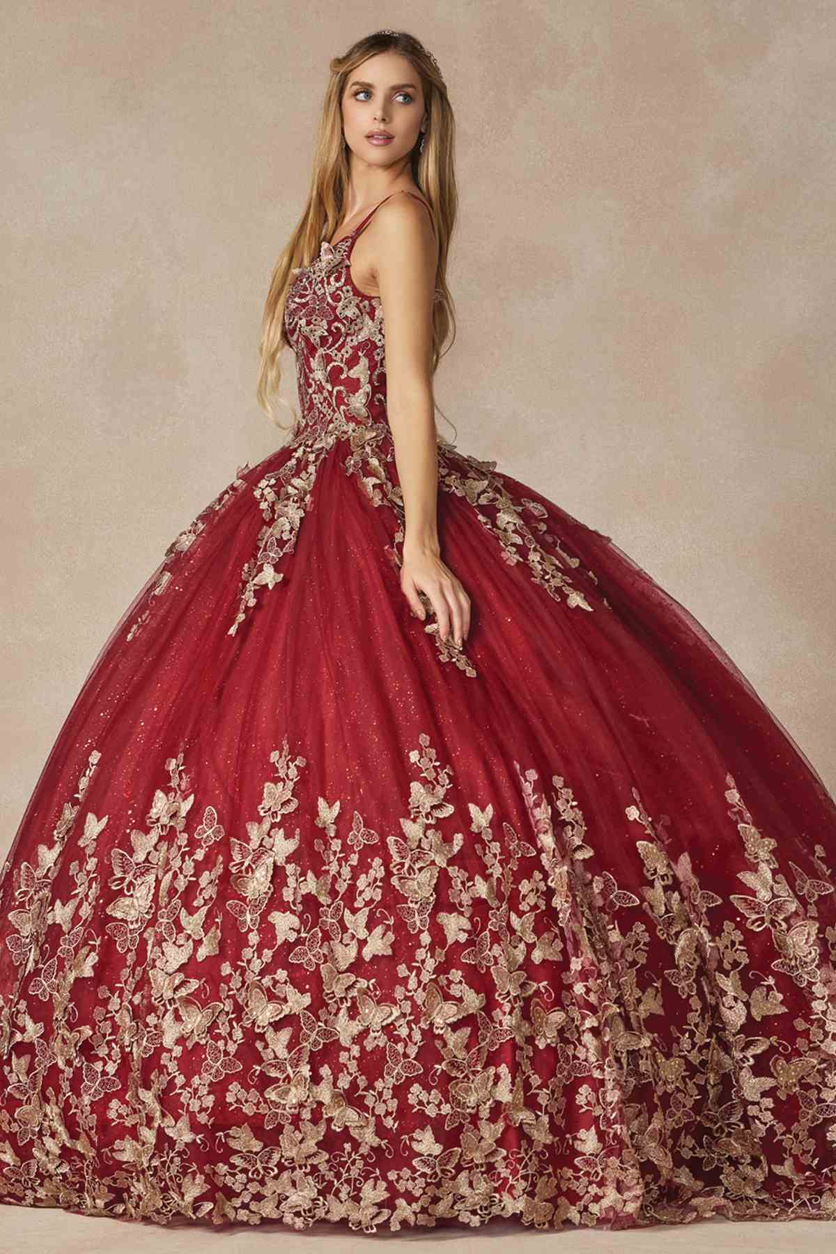 Juliet 1442 Long 3D Butterfly Appliques Strapless Bodice Cape Quinceanera Dress by DiscountDressShop