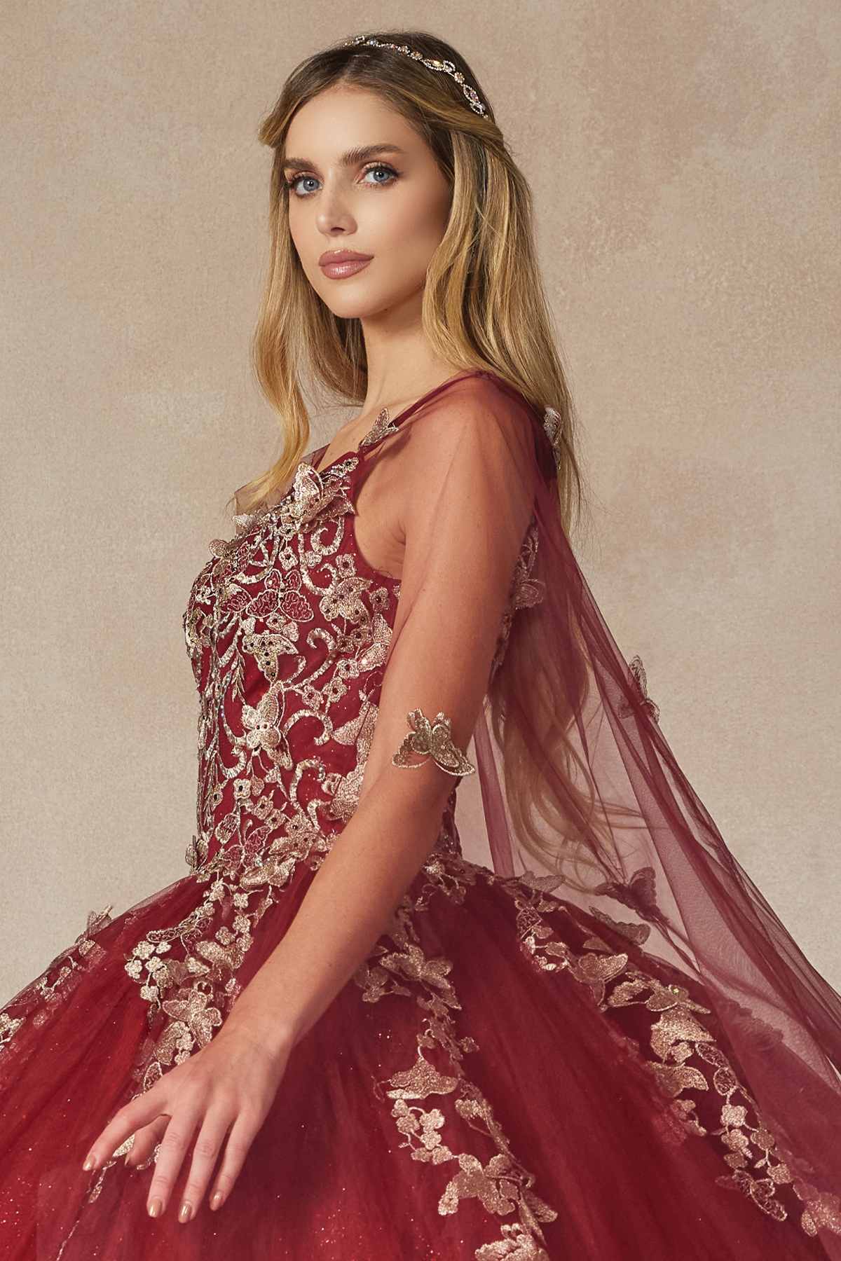 Juliet 1442 Long 3D Butterfly Appliques Strapless Bodice Cape Quinceanera Dress by DiscountDressShop