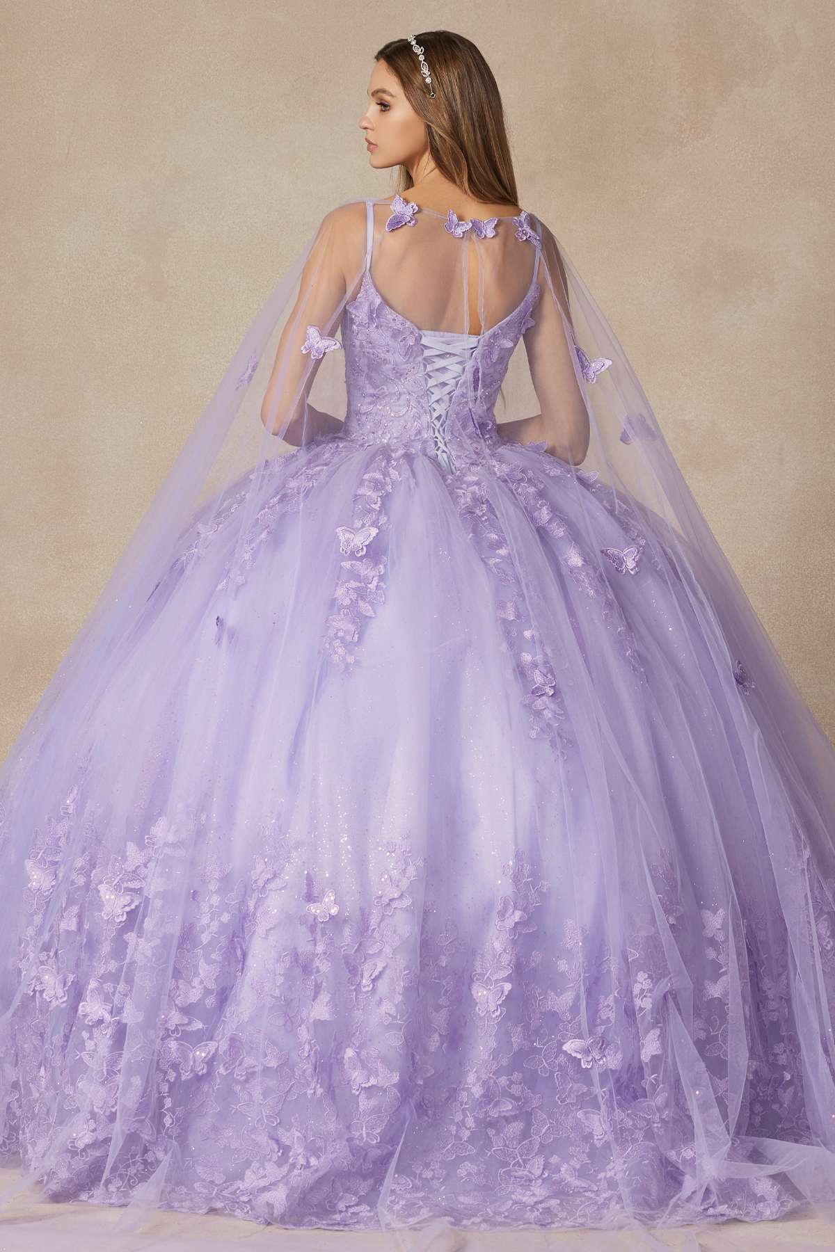 Juliet 1442 Long 3D Butterfly Appliques Strapless Bodice Cape Quinceanera Dress by DiscountDressShop