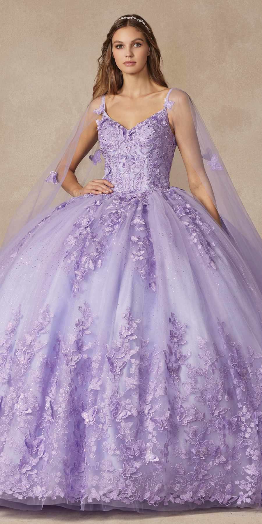 Juliet 1442 Long 3D Butterfly Appliques Strapless Bodice Cape Quinceanera Dress by DiscountDressShop