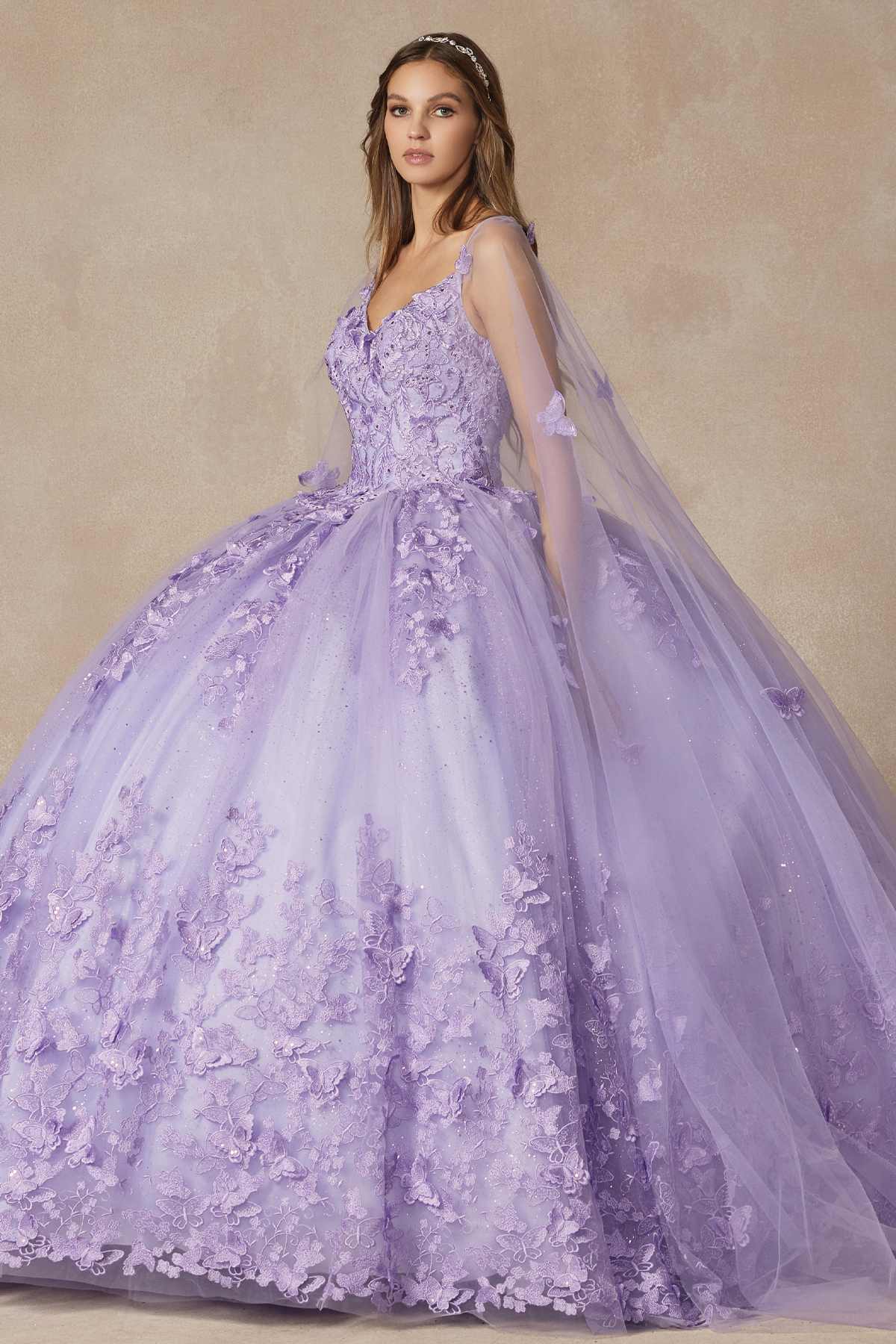 Juliet 1442 Long 3D Butterfly Appliques Strapless Bodice Cape Quinceanera Dress by DiscountDressShop